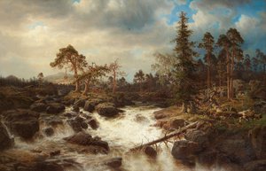 Reproduction oil paintings - Marcus Larson - Forest Landscape with Waterfall