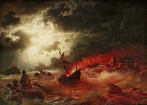 Marcus Larson, Ocean at Night with Burning Ship, Painting on canvas