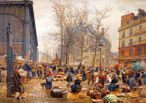 Famous paintings of Street Scenes: Autumn Market at Les Halles
