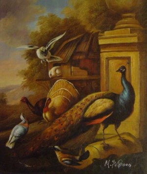 Famous paintings of Animals: A Peacock And Other Birds In A Landscape