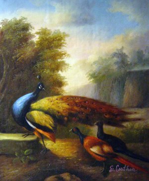 Reproduction oil paintings - Marmaduke Cradock - Peacock And Pheasants In A Rocky Wooded Landscape