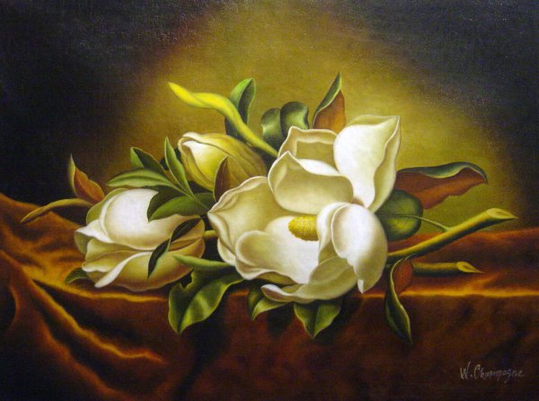 A Magnolia On Gold Velvet. The painting by Martin Johnson Heade