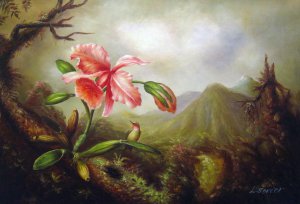 An Orchid And Hummingbird Near Mountain Waterfall, Martin Johnson Heade, Art Paintings