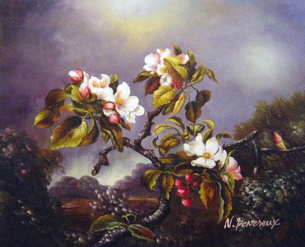 Apple Blossoms And Hummingbird. The painting by Martin Johnson Heade