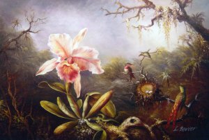 Martin Johnson Heade, Cattleya Orchid And Three Brazilian Hummingbirds, Painting on canvas
