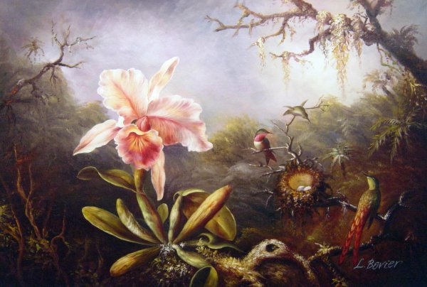 Cattleya Orchid And Three Brazilian Hummingbirds. The painting by Martin Johnson Heade