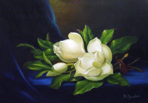 Martin Johnson Heade, Giant Magnolias On A Blue Velvet Cloth, Painting on canvas
