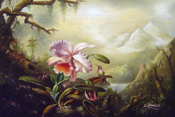 Heliodore&#39s Woodstar And A Pink Orchid. The painting by Martin Johnson Heade