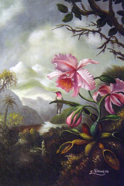 Hummingbird Perched On An Orchid Plant. The painting by Martin Johnson Heade