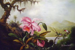 Orchids and Hummingbirds Near A Mountain Lake, Martin Johnson Heade, Art Paintings