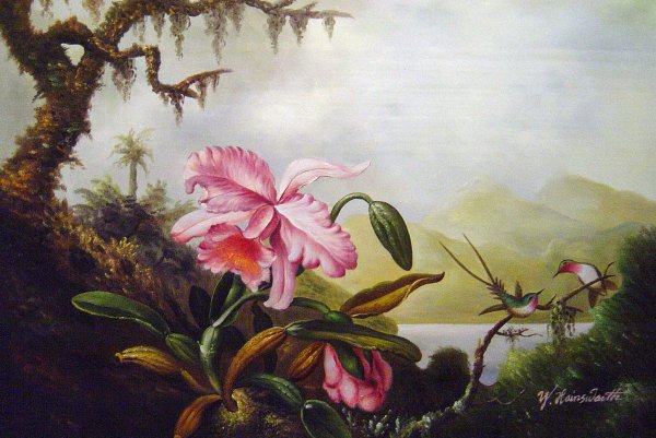 Orchids and Hummingbirds Near A Mountain Lake. The painting by Martin Johnson Heade