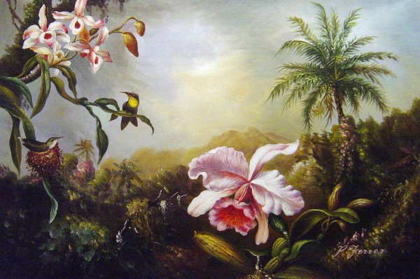 Orchids, Nesting Hummingbirds And A Butterfly. The painting by Martin Johnson Heade