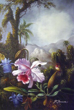 Martin Johnson Heade, Orchids, Passion Flowers And Hummingbird, Painting on canvas