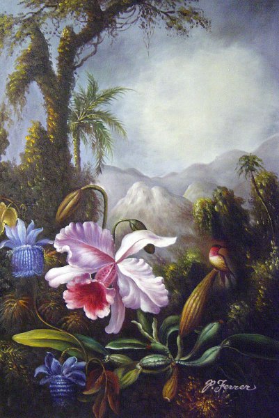 Orchids, Passion Flowers And Hummingbird. The painting by Martin Johnson Heade
