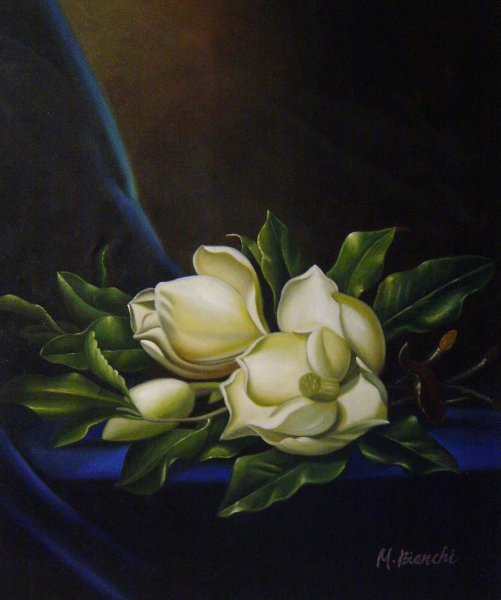 The Giant Magnolias On A Blue Velvet Cloth. The painting by Martin Johnson Heade