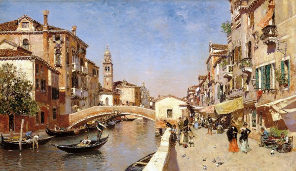 Along the San Lorenzo River with the Campanile of San Giorgio dei Greci, Venice. The painting by Martin Rico y Ortega