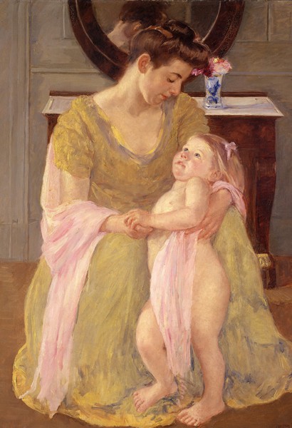 A Mother and Child with a Rose Scarf. The painting by Mary Cassatt