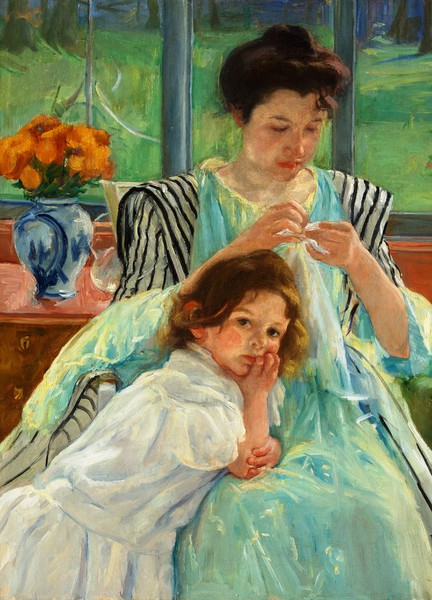 A Young Mother Sewing. The painting by Mary Cassatt
