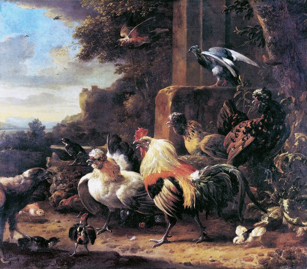Landscape with Poultry. The painting by Melchior De Hondecoeter