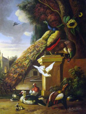 Melchior De Hondecoeter, Peacocks And Ducks, Painting on canvas