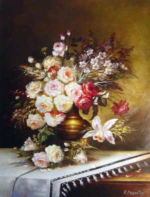 Modeste Carlier, Still Life With Assorted Flowers In A Brass Vase, Painting on canvas