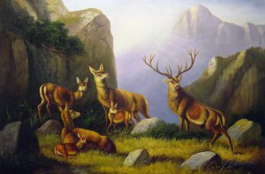 Moritz Muller, Deer In A Mountainous Landscape, Painting on canvas