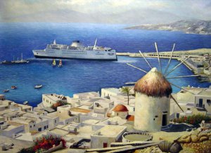 Our Originals, Mykonos View With Yacht, Greece, Painting on canvas