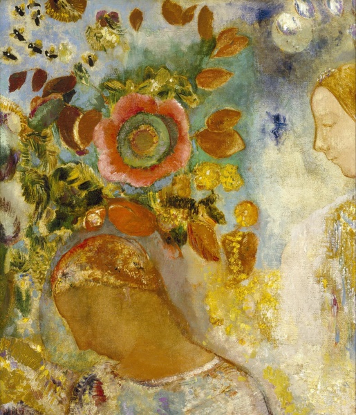 Two Young Girls Among Flowers. The painting by Odilon Redon