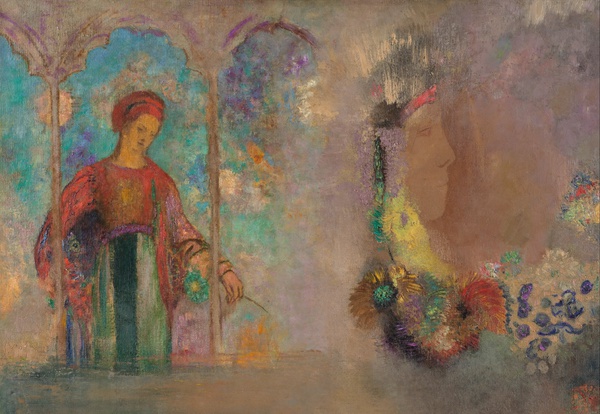 Woman in a Gothic Arcade: Woman with Flowers. The painting by Odilon Redon