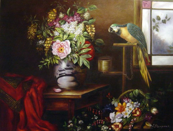 A Still Life With A Vase, Basket And Parrot. The painting by Olaf Hermansen