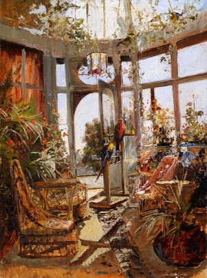 A Sunlit Conservatory with Parrots, Olga Wisinger-Florian, Art Paintings