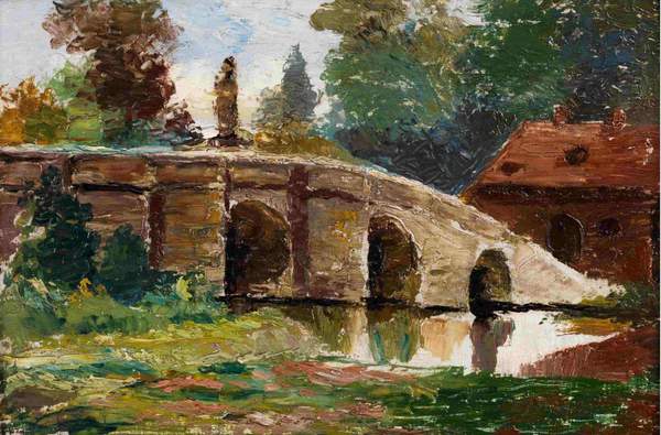 View of a Summer Landscape with Bridge. The painting by Olga Wisinger-Florian