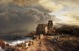 Oswald Achenbach, Landscape by the Sea with Figuresd, Painting on canvas
