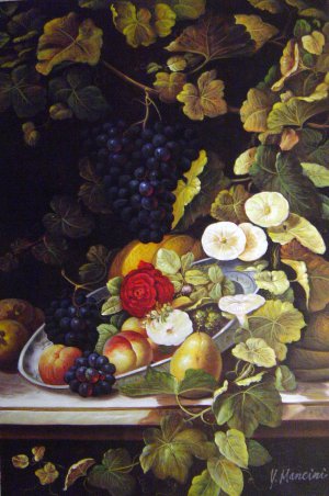 Otto Didrik Ottesen, Still Life With Vine, Fruit Plate And Several Flowers, Painting on canvas