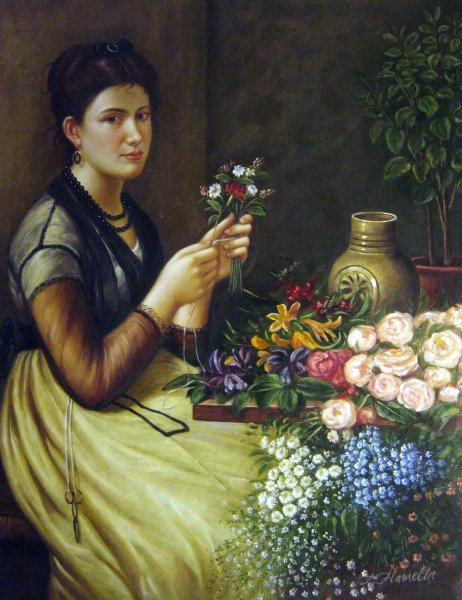 Girl Cutting Flowers. The painting by Otto Scholderer