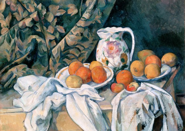 A Still Life with a Curtain. The painting by Paul Cezanne