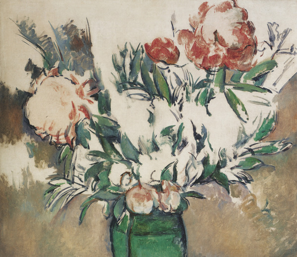 Bouquet of Peonies in a Green Jar. The painting by Paul Cezanne