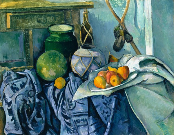 Still Life with a Ginger Jar and Eggplants. The painting by Paul Cezanne