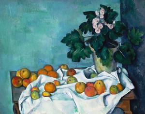 Paul Cezanne, Still Life with Apples and a Pot of Primroses, Painting on canvas