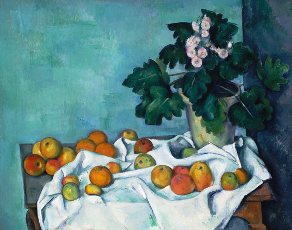 Still Life with Apples and a Pot of Primroses. The painting by Paul Cezanne