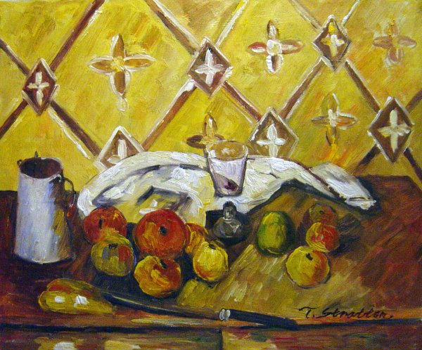 Still Life With Fruits, Napkin And Milk Can. The painting by Paul Cezanne