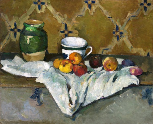 Still Life with Jar, Cup, and Apples. The painting by Paul Cezanne