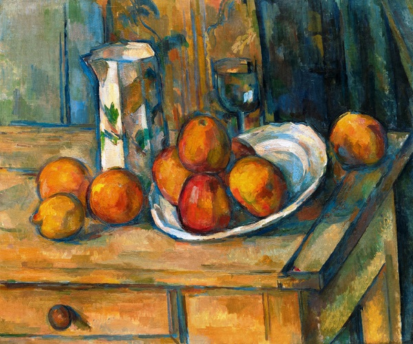 Still Life with Milk Jug and Fruit. The painting by Paul Cezanne