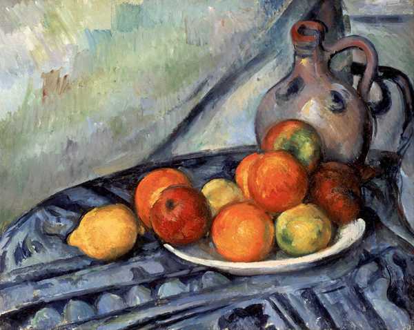 The Fruit and a Jug on a Table. The painting by Paul Cezanne