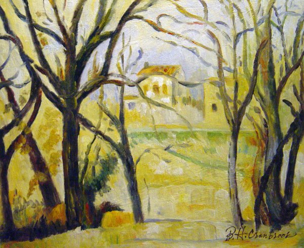 Trees And Houses. The painting by Paul Cezanne