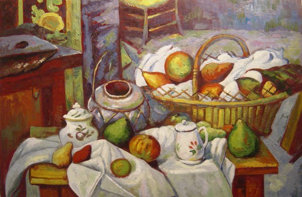 Vessels, Basket And Fruit. The painting by Paul Cezanne