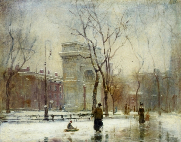 A Winter in Washington Square . The painting by Paul Cornoyer