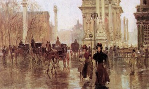 Reproduction oil paintings - Paul Cornoyer - Walking along Madison Square after the Rain