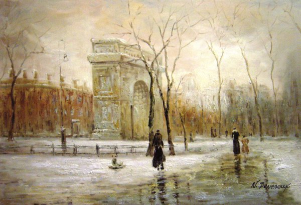Winter In Washington Square. The painting by Paul Cornoyer