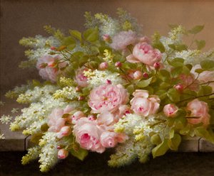 Paul De Longpre, Pink Roses and Lilacs, Art Reproduction